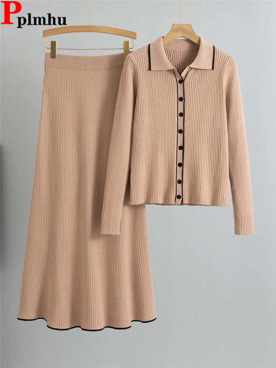 Korean Knitted 2 Piece Sets Women Single Breasted Knit Sweater Cardigan Tops Conjuntos High Waist Solid Skirts Outfit 250822