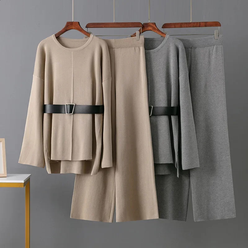 Russian Knitted Wide Leg Pants Belted Sweater Set Womens Spring Autumn Loose Fashionable Two Piece Elegant Quality 250823