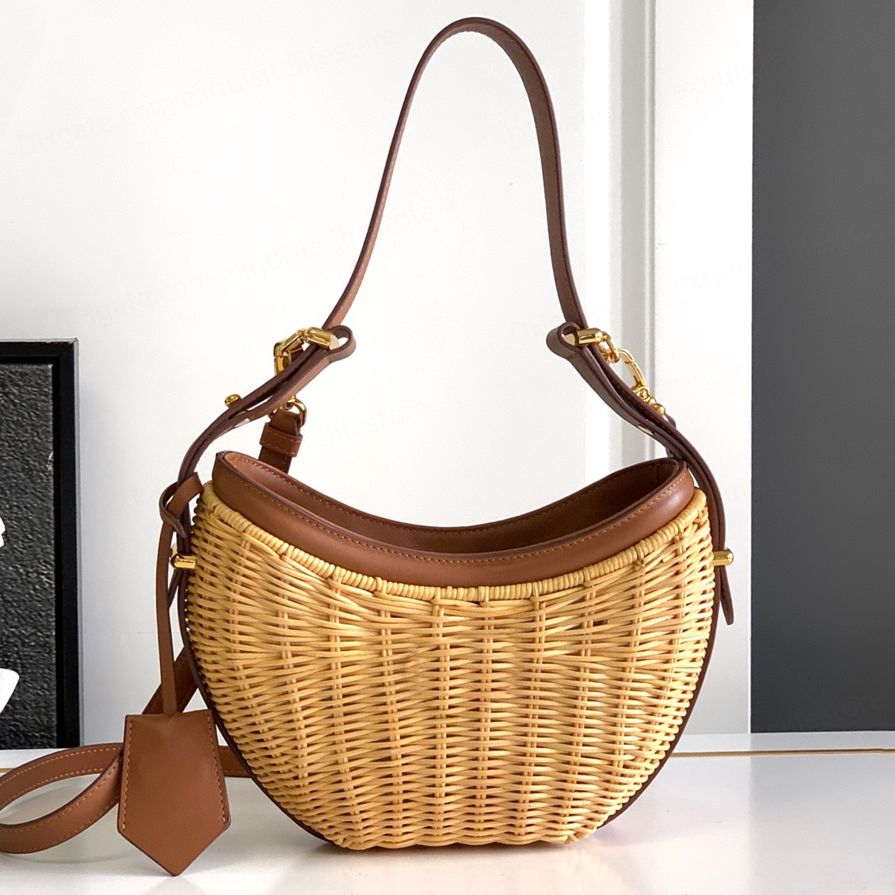 New Top Quality Wicker And Leather Arque Bag Luxury Designer Genuine Leather Golden Hardware Crossbody Bag Fabric Lining Handbag Detachable Strap Cl