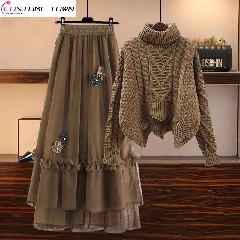 Tempérame d'automne surdimensionné Temperrament Senior Tricoted Pull Mesh Mesh Jupe Two Piece Fashion 250823