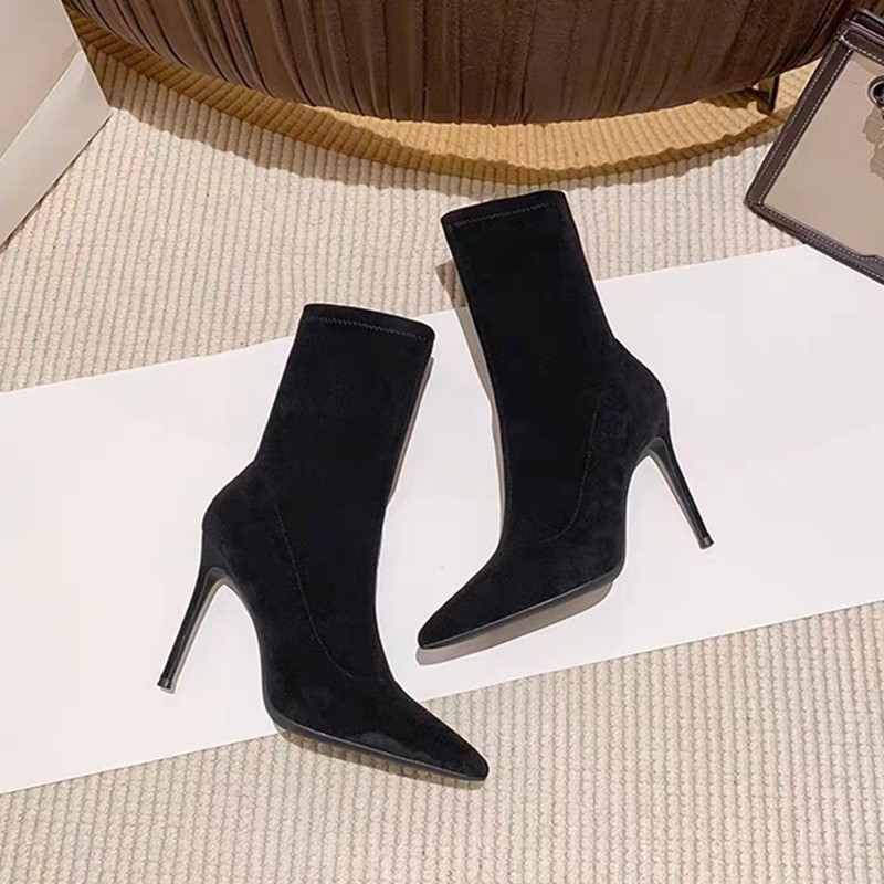 2025 Autumn/Winter New Short Boots Elegant Black Pointed Fine Heel Suede Premium Luxury Fashion Boots Women