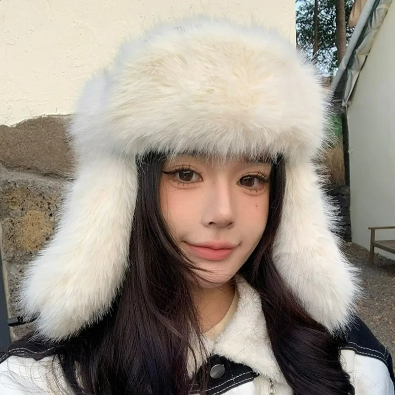 Winter Fluffy Plush Fur Hat Women Korean INS Ear Protection Windproof Warm Headgear Bomber Hat Girls Fluffy Thicken Russian Hats 250821