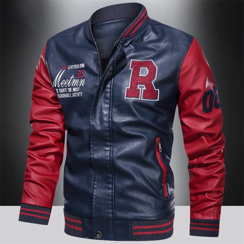 Spring and Autumn Mens Motorcycle Suit Leather jacket Color blocking American baseball collar pilot casual PU leather jacket250822