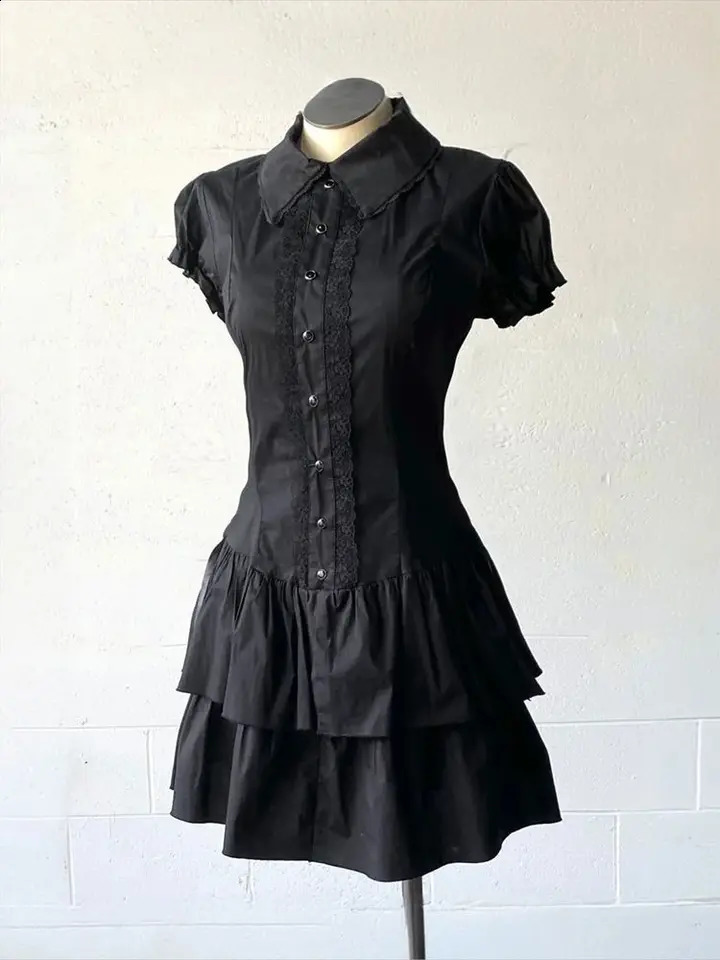 Summer Chic Vintage Black Short Sleeve Dress Women High Street Y2k Patchwork Slim Lapel Gothic Dresses Retro Girl Clothing250823