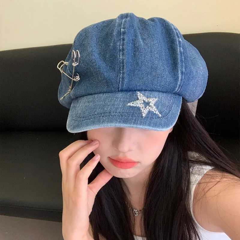 and Summer Y2K Big Spring Head Flash Diamond Star Pin Denim Beret Hat Womens Niche Trend Retro Octagonal Short Brim Newsboy Cap XJ250823 M260804