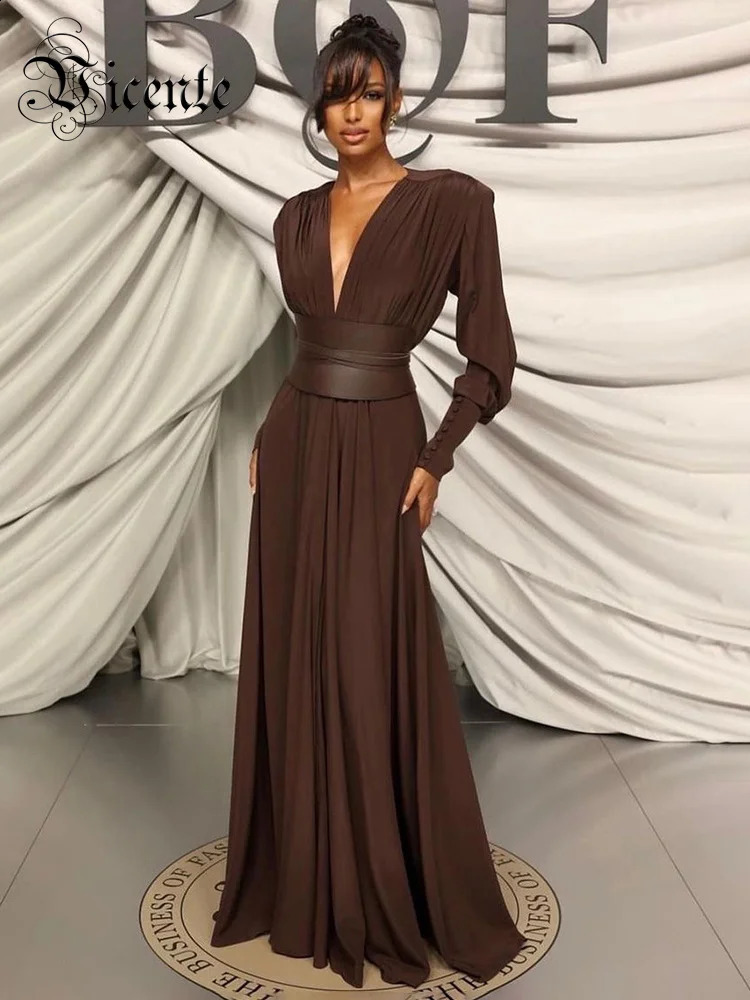 VC 2024 Robes de mode printemps pour les femmes plongeant en V coule haute ceinture à manches longues robe de fête de mariage robes brunes 250819