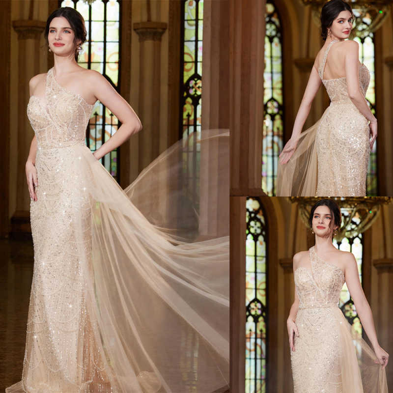 Robe de soirée de luxe A-line une épaule sans manches de niveau de plancher des paillettes bling de la longueur de plancher en cristal plus grand