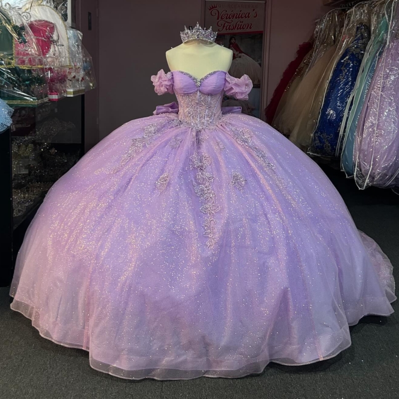 Lavender Shiny Princess Off the Shoulder Sweet 16 Dress Quinceanera Dresses Applique Beads Bow Tull Party Birthday Vestidos 15 De Anos