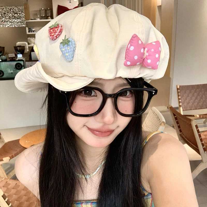 Janese Sweet Cotton and Linen Sterry Bow Decorative Beret for Women Summer Thin Soft Brim Large Version Octagonal Newsboy Cap XJ250823