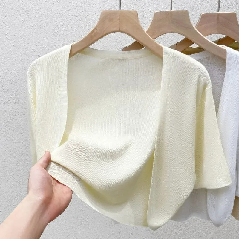 Knitted Cardigan Womens 2024 Summer Shortsleeved Outer Wear Ice Silk Sun Protection Simple Cropped Top 250815