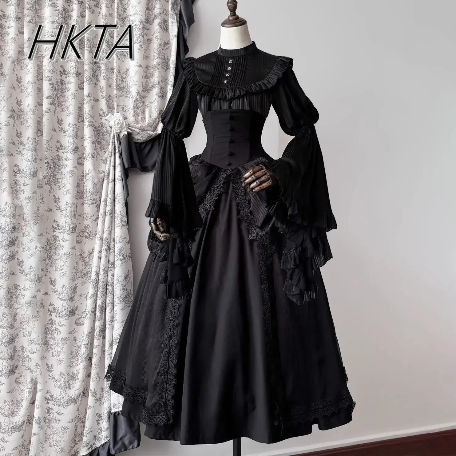 Lolita Shirts Pure White Black Ji Sleeves Shirt SK Fishbone High Waist Skirt Women Dark Goth Slim Blouse Long Skirt 2-piece Set250823