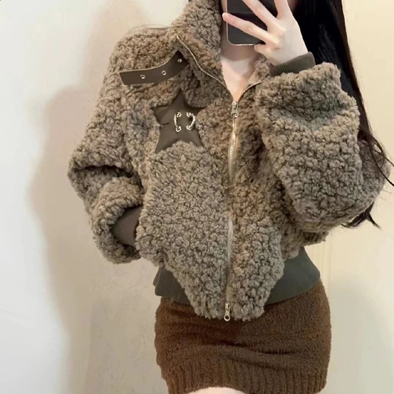 MEXZT Vintage Lamb Wool Coat Women Cropped Stand Zipper Jacket Winter Streetwear Korean Long Sleeve Warm Casual Short Outerwears 250818
