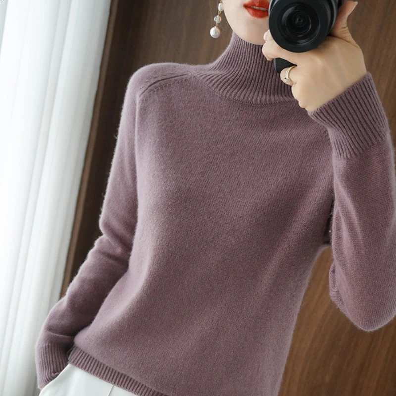Women Autumn Winter Turtleneck Sweater Elegant Slim Solid Ribbed Knitted Cashmere Jumpers Female Long Sleeve Pullover Knitwear250823
