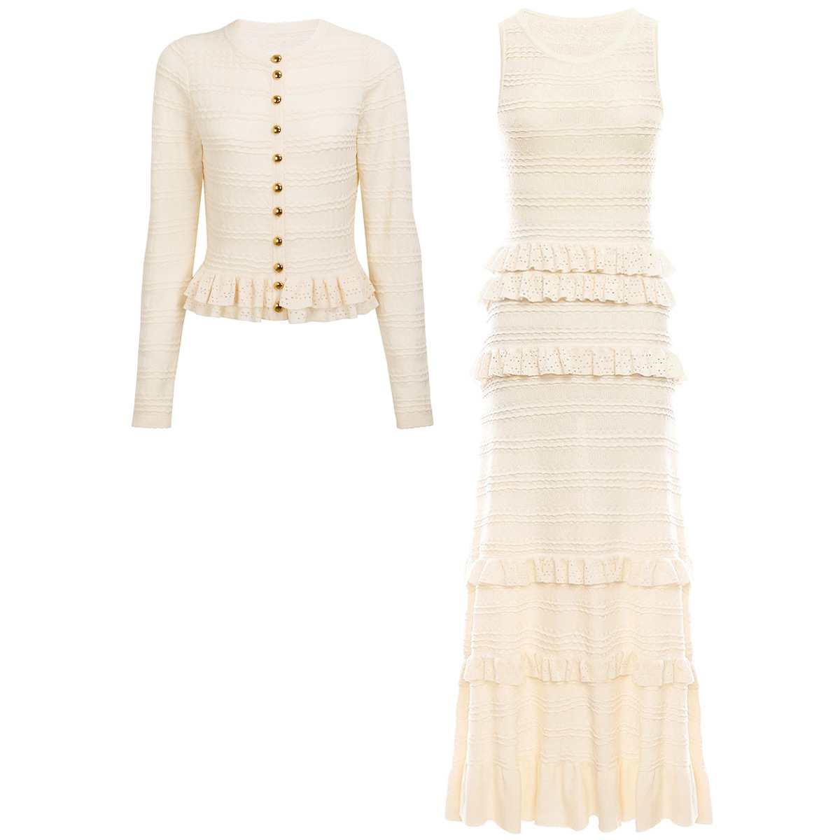 802 XXL 2025 Milan Style Autumn Brand Same Style Two Pieces Sets White Long Skirt Crew Neck Empire Long Sleeve Dress mansh