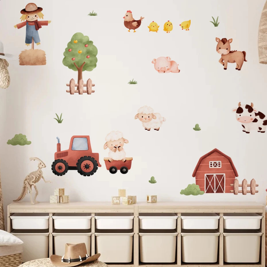 Aquarelle dessin animé ferme animal mural autocollant enfants décoration de chambre vache de poussin murale art bricolage décalé de maison