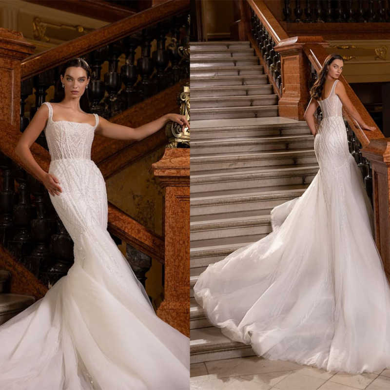 Shiny Mermaid Shiny Floor-Length Gown Customized Sexy Spaghetti Strap Bridal Gown Romantic Sleeveless Wedding Dress vestido de novia