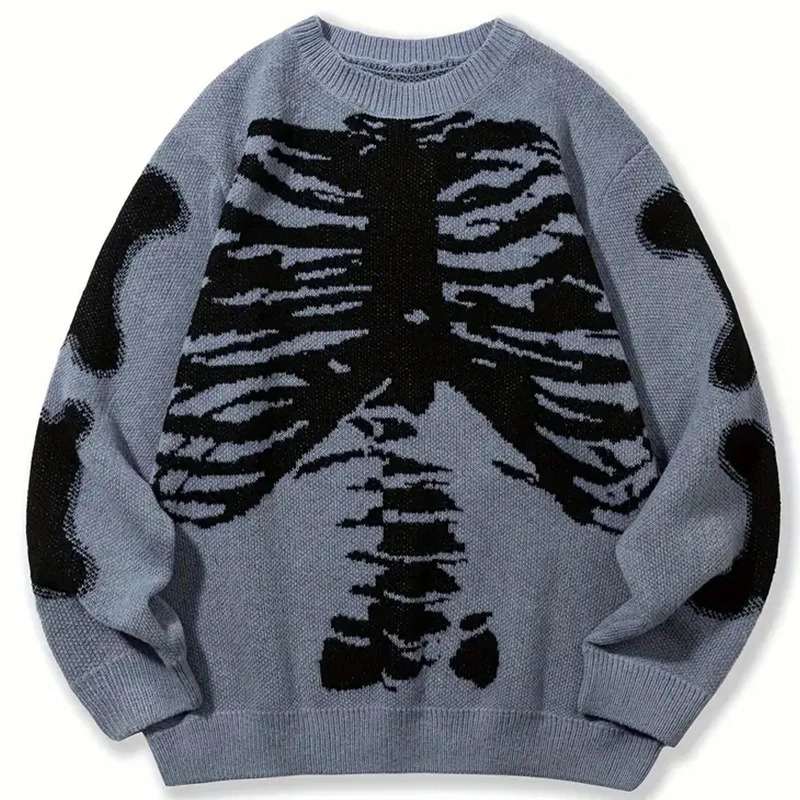 Men Knitted Warm Pullover Loose Youth O-neck Y2k Clothes Winter Hip Hop Skull Print Vintage Sweatshirt Long Sleeve Sweaters 250815