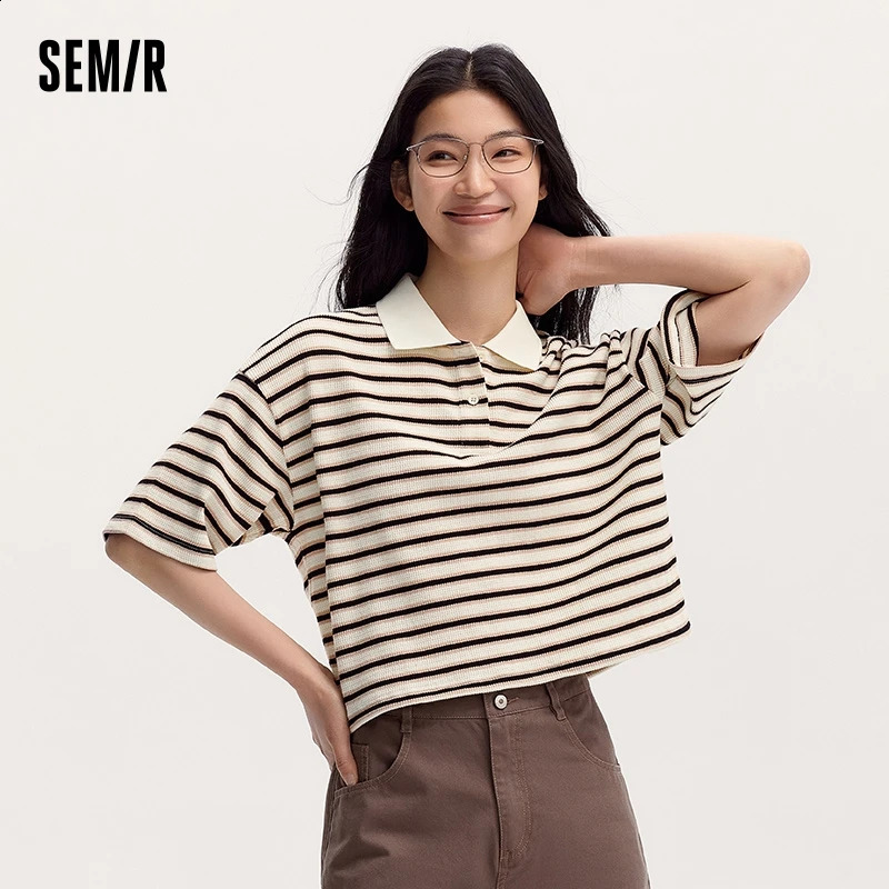 Semir Polo Shirt Women Short-Length Loose-Fit 2024 Summer Fashionable Vintage Collegiate Style Textured Striped Top250823