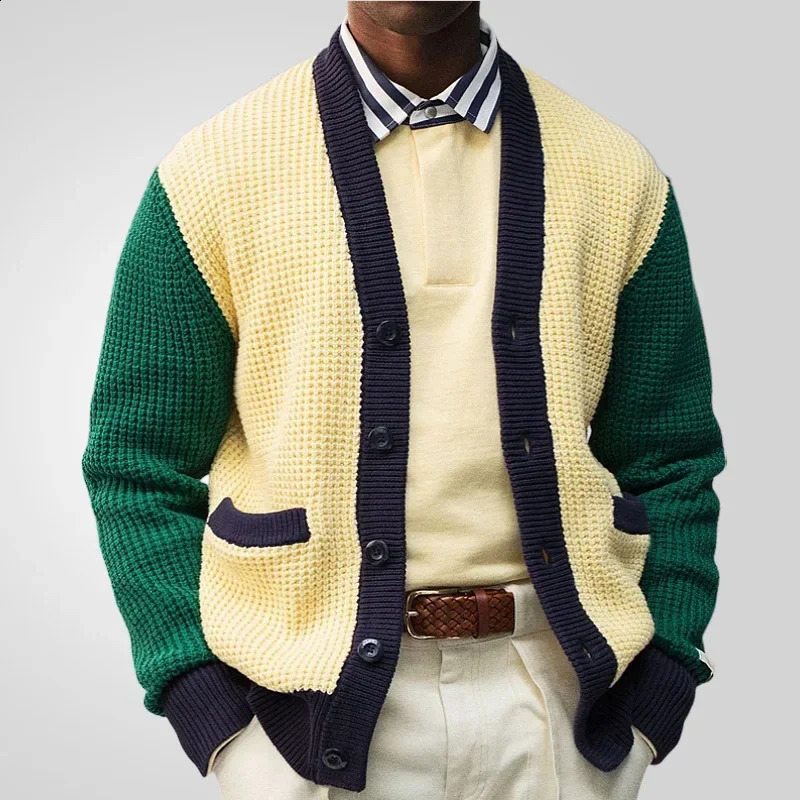 Men Cardigan Panels Open Stitch Couts en tricot manche en pleine manche en V poitrine V Cascure de tricot inversé
