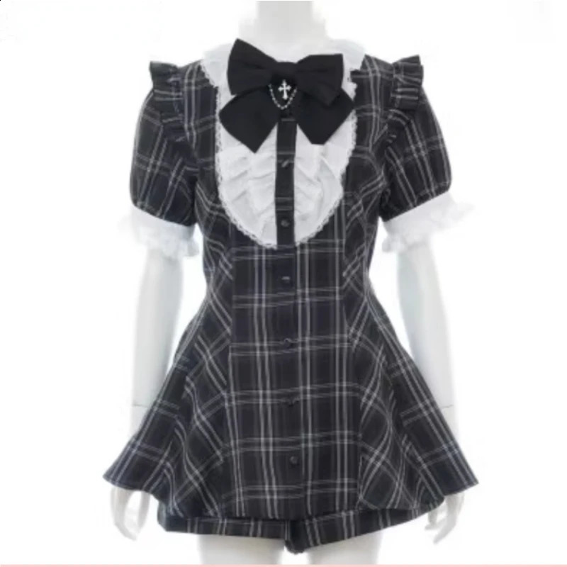 Style japonais gothique y2k lolita plaid robin de robe arc de robe ensemble sweet femmes bouffées à manches courtes bouton-chemise de fête robes