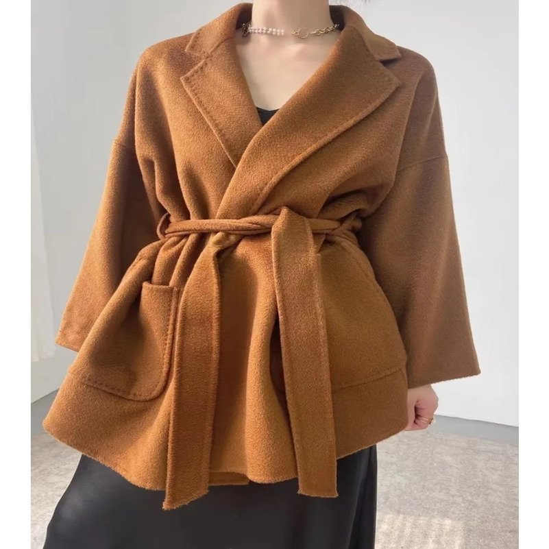 Winter Casual Adjustable Waist Wool Coat Women Water Ripples Woolen Jackets female Autumn Camel Commuting 250822