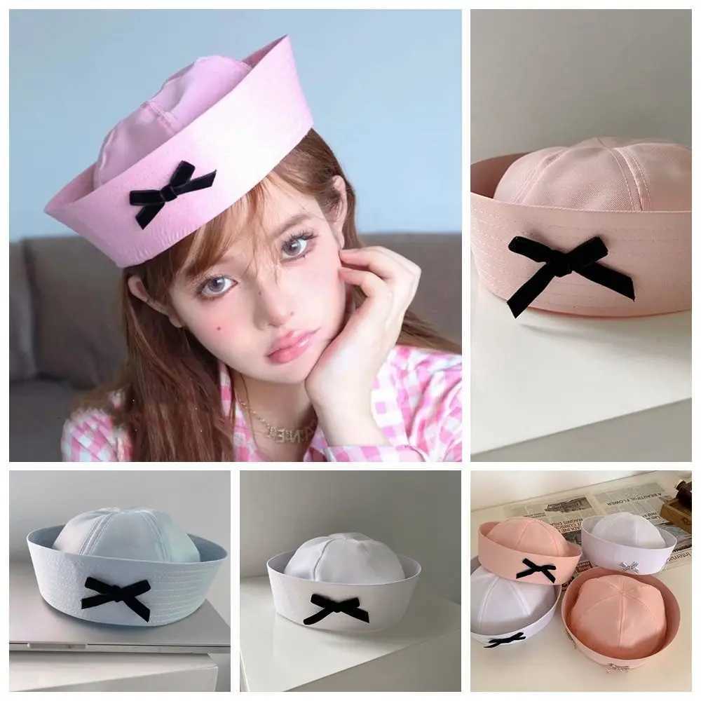 Korean Bow Knot Cute Pink Sailor Hat Flip Eaves Versatile Sweet Girl Spring Summer JK Beret Dome Fashion Womens Navy C XJ250823