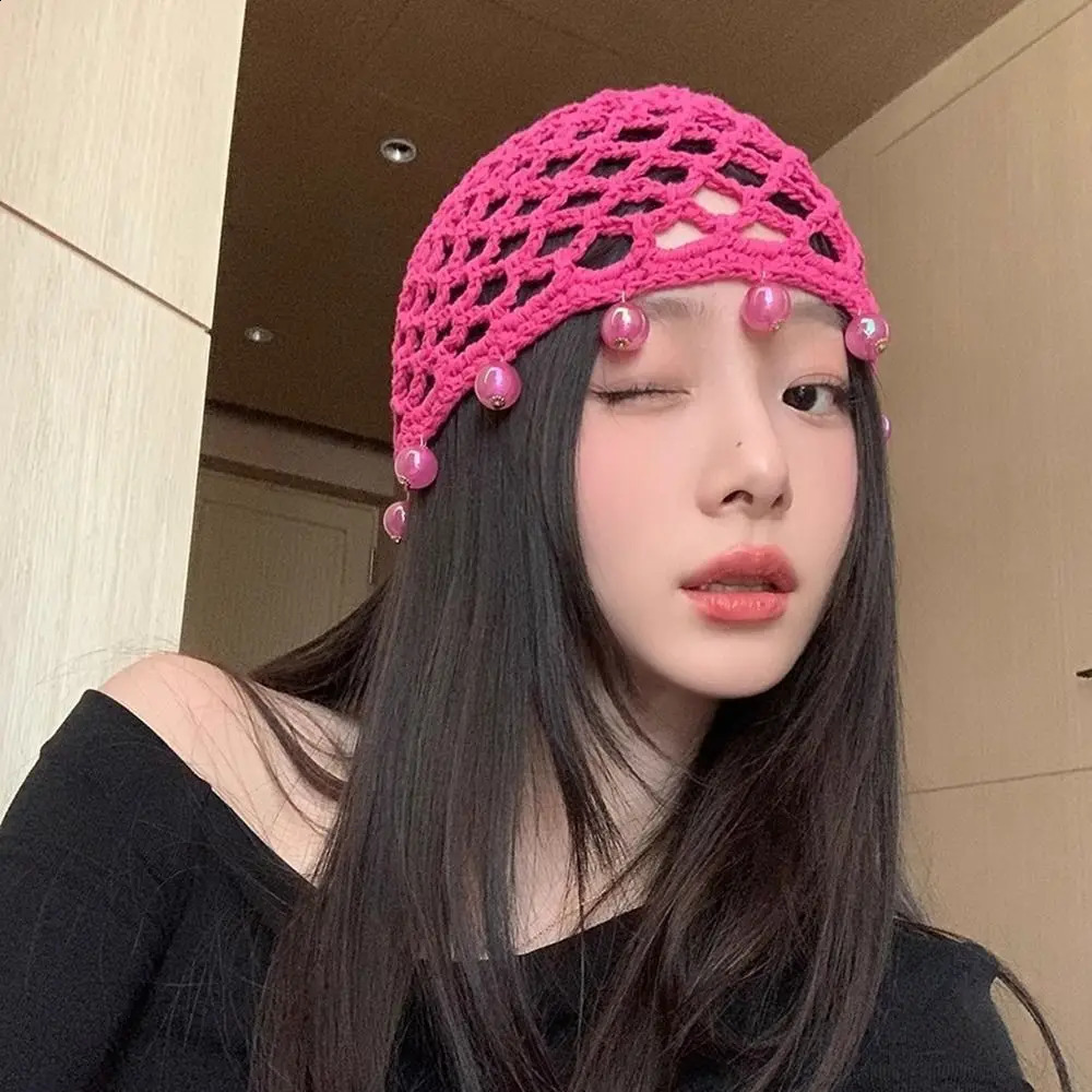 Round Beads Crochet Hollow Tassels Knitted Hat Hollow Out Bohemian Style Knit Beanies Korean Handmade Ethnic Style Hat 250814