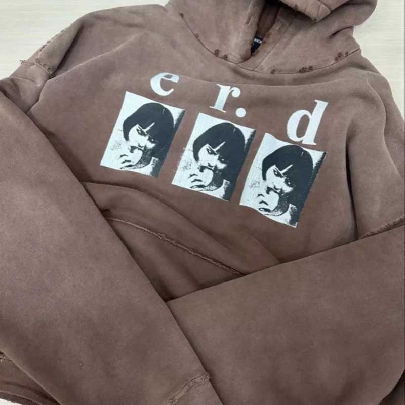 Heavy Industry Pull À Capuche ERD Imprimé Portrait Marron Lavé Grande Taille Hiver Unisexe Troué Rétro Sweat J250816