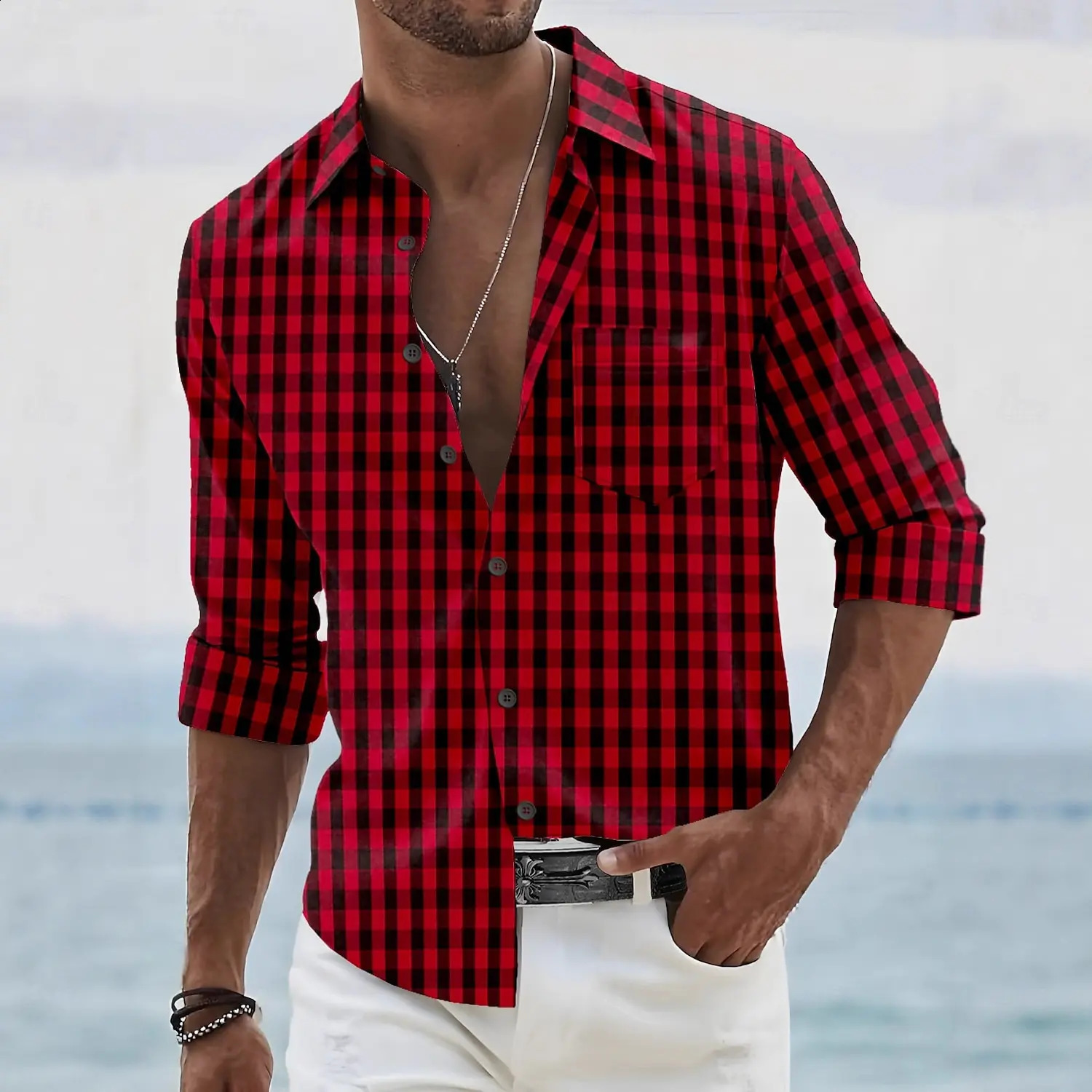 Mens red plaid shirt formal shirt long sleeve fashion casual vacation summer spring and autumn lapel 3d printing shirt 250823