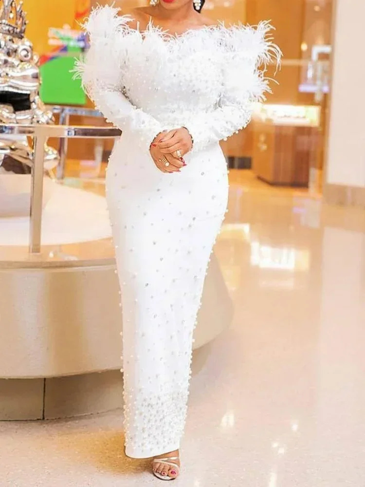 Feather White Dress Party Women Pearls Long Night Dresses High Waist Dance Wedding Prom Bridesmaid Maxi Y2k Summer Vestidos 250823