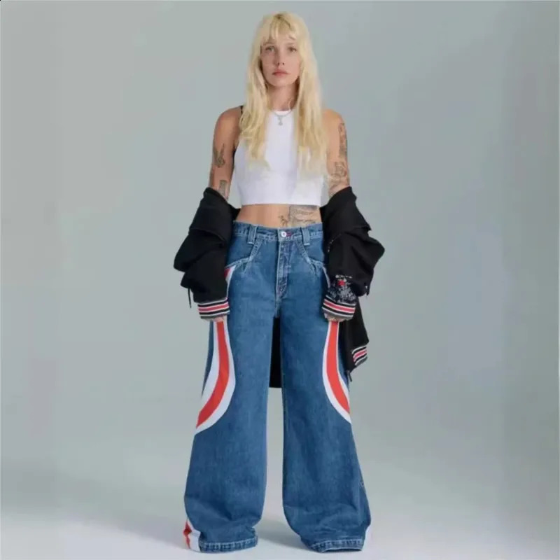 Y2K Hip-Hop High Street Striped Jeans Forwomen Automne Couleur imprimé Couleur épissée Streetwear Pantalon de jambe large lâche 250818