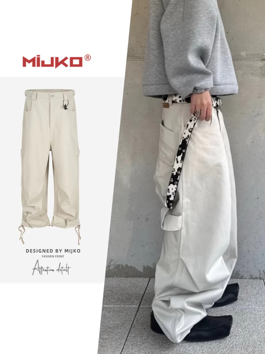 MIJKO Pantalon de travail à jambes larges plissée pour hommes et femmes pantalon décontracté avec taille de boucle
