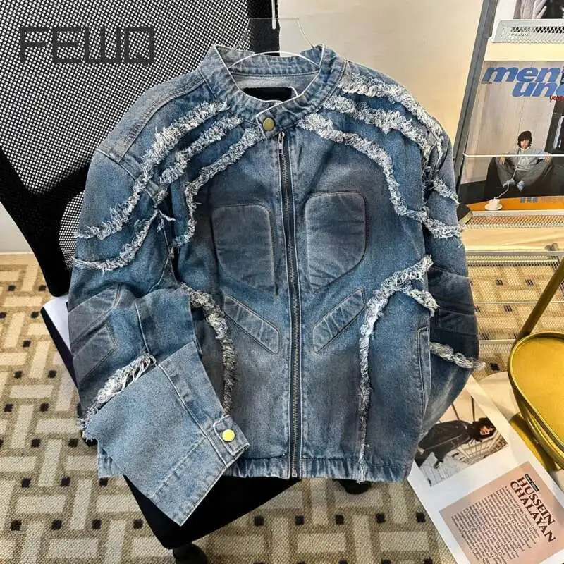 FEWQ American Style Mens Jackets Stand Collar Raw Edge Shoulder Padded Zipper Contrast Color Loose Male Coats 24K2374 250818