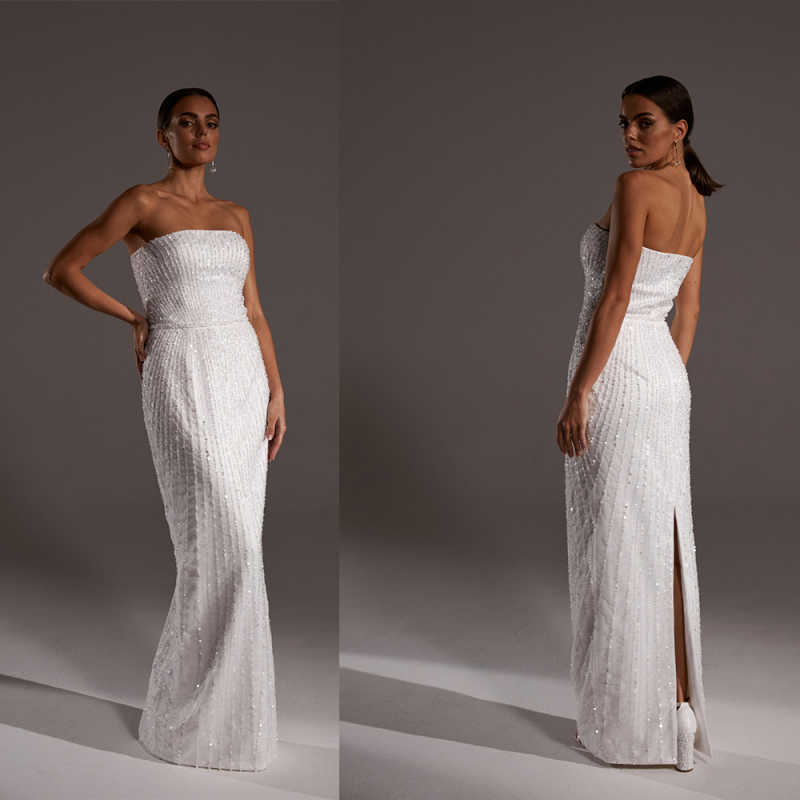 High Quality Women Formal Dress Pearls Strapless Sheath Long Formal Special Occasion Wedding Guest Party Customized Floor Length Bridal Gown vestido