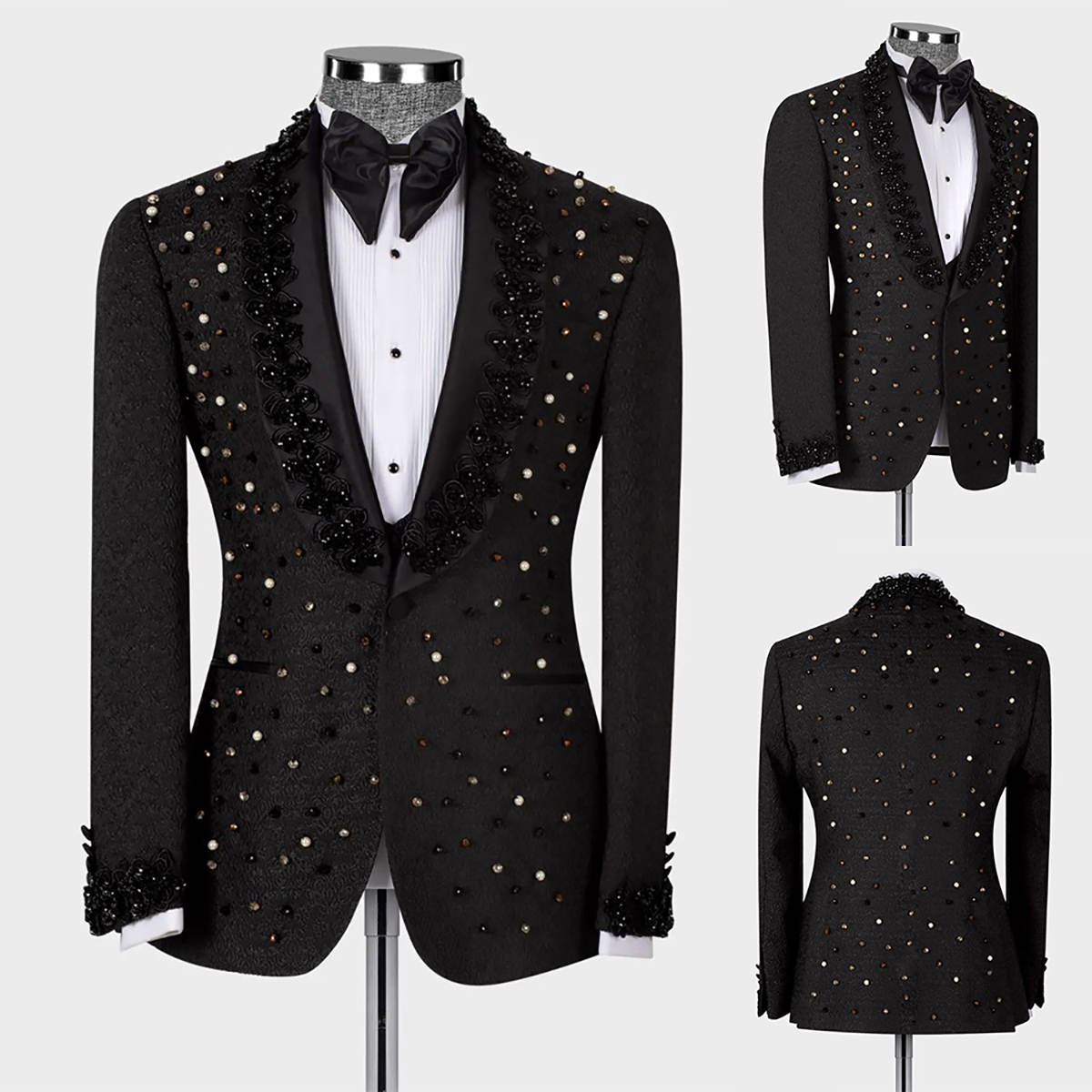 Luxueux 3 pièces hommes costume de châle revers à bouton simple veste boutones blazers crtsyal beades appliques en dentelle de bal.