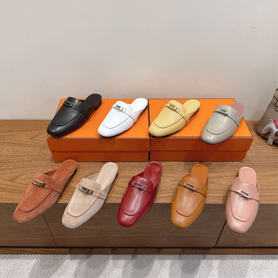 Top quality Real leather with buckle slides Slippers colg sandals Mules Flat shoes Scuffs slip on Beach shoes Luxury Designer shoes for womens Vacat