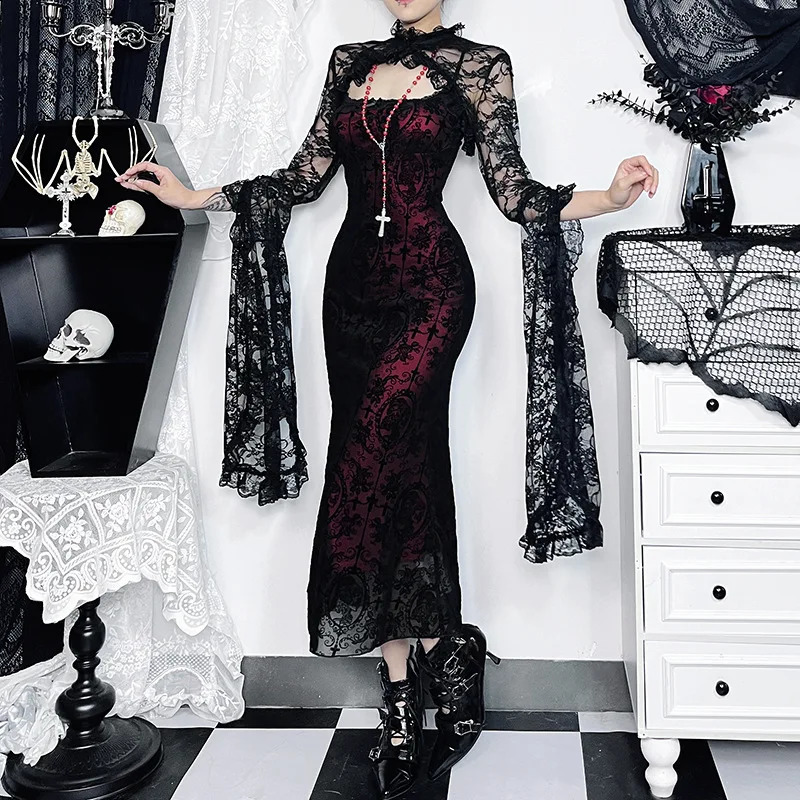 Gothic Sexy Long Fishtail Robe for Women Robe Spaghetti Strap Sans manches sans dossier Robe maxi vintage Vestidos250823