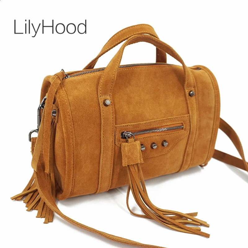 Women Genuine Leather Fringed Big Capacity Overnight Boston Shoulder Bag Street Fashion Casual Suede Rivet Short Handle Bag 250818