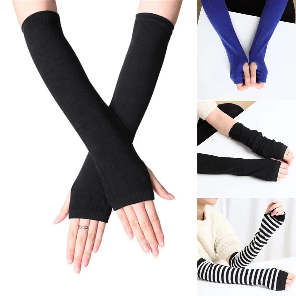 Women Girls Cotton Classic Fingerless Long Gloves Wristband Arm Warmer Sleeve Striped Elbow Mitten Knitted Handschoenen 250811