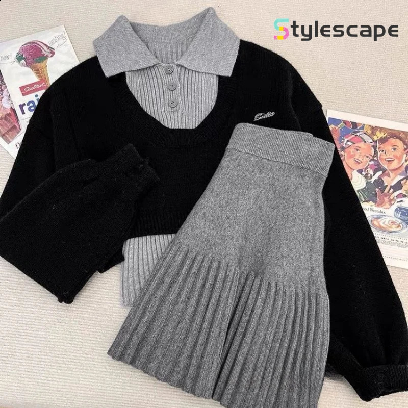 Korean Style Set American Retro Spicy Sense Short Knitted Sweater Womens Knitted Short Skirt Three Piece Set 250823