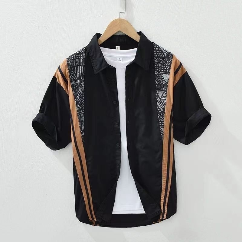Print Patchwork Simplicity Korean Blouse Summer Short Sleeve Polo Neck Loose Smart Casual Shirt Tops Fashion Trend Men Clothing 250808