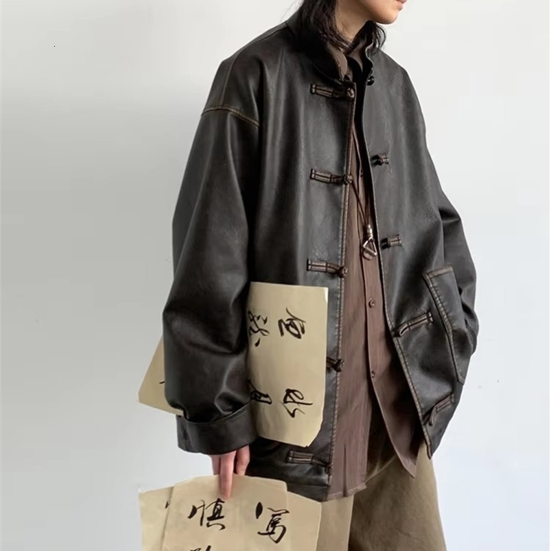 Mauroicardi printemps cool surdimensionné vintage en détresse pu en cuir veste hommes élégants vêtements de style chinois 2024250822