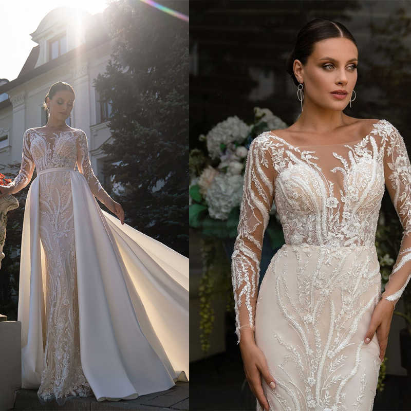 Customized Plus Size Wedding Dress Bridal Gowns For Bride With Detachable Train Mermaid Sheer Neck Long Sleeves Illusion Beaded vestido de novia