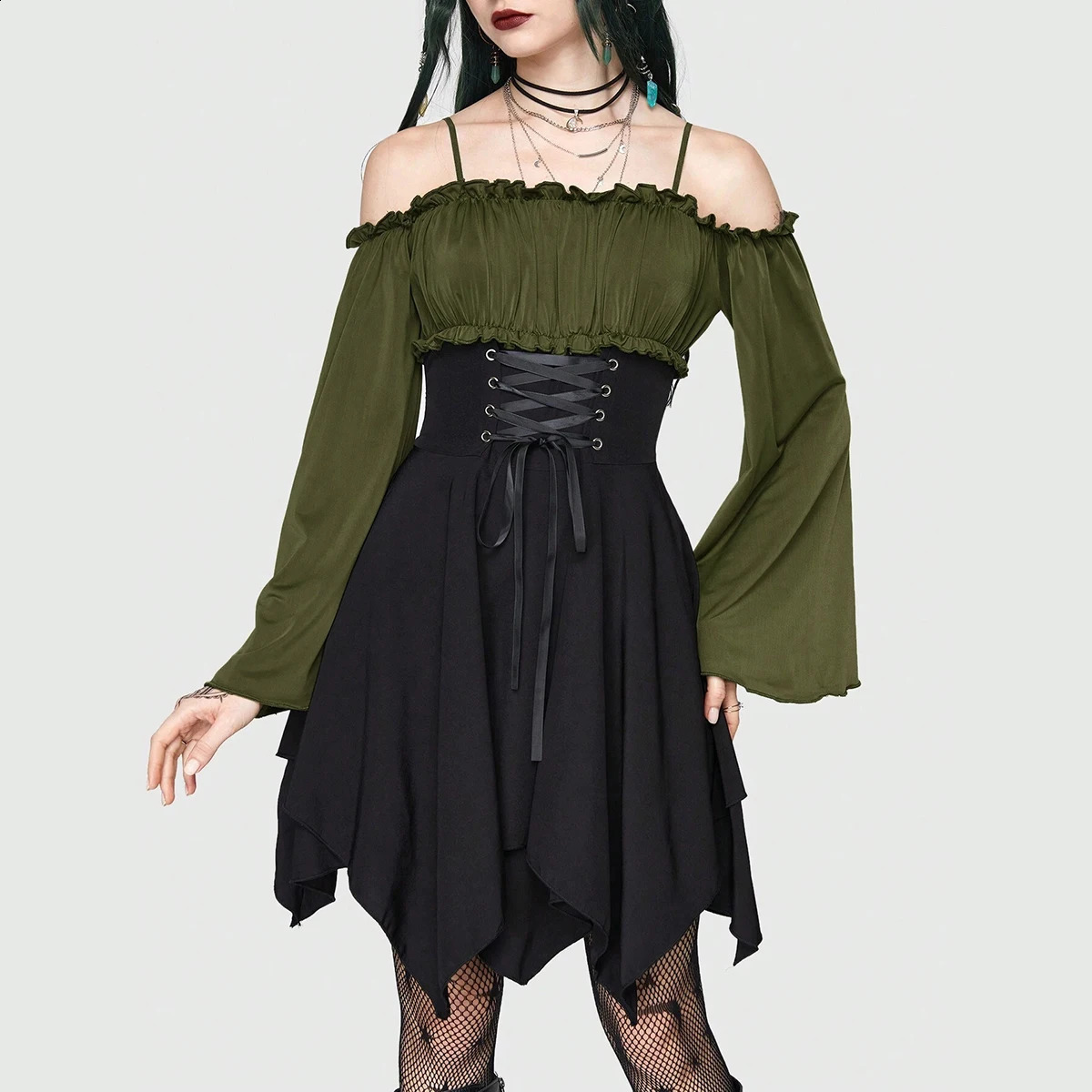 Mia Muse Womens Dresses Autumn Halloween Contrast Color Asymmetrical Hem Flounce Trim Lace Up Long Sleeve Off Shoulder Mini Dre250823