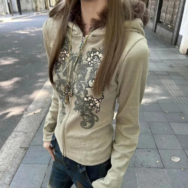 Punk y2k millénaire lapin étoile imprimé collier de fourrure à capuche épissée sweats swishishs-shirts Slim décontractés d'hiver esthétique d'hiv