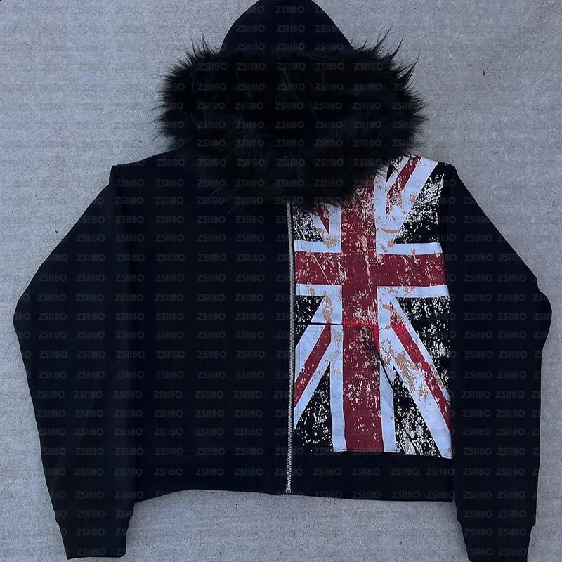 Black Printed National Flag Fur Collar Oversized Hoodie Men Y2k Street Retro Clothing High Street Trendy Zipper Sweatshirt 250819