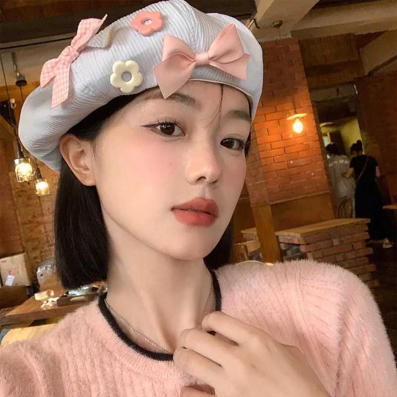 Korean Bow Flower Beret Hat For Women Sweet Girl Pink Bowknot Octagonal Newsboy C Y2K Artist Painter Spring Autumn Bonnet Cs XJ250823