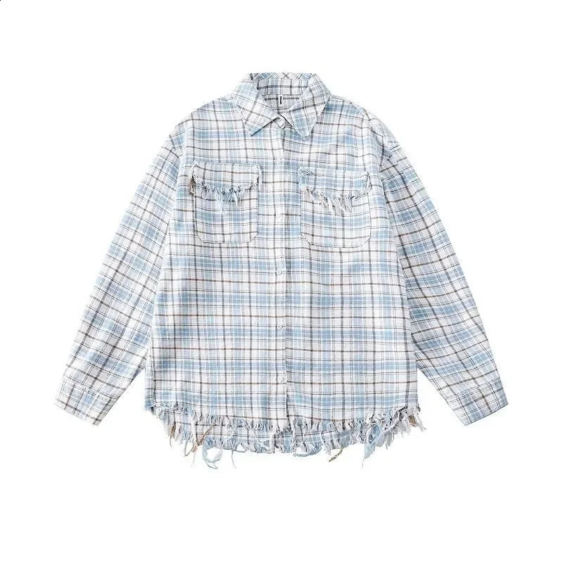 Vintage American Style Fringe Plaid Distressed Long Sleeve Shirt Casual Loose Fit Spring Season Couple Jacket 250823