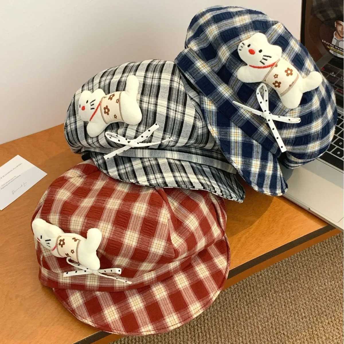 Women Berets Cute Cat Bow Sticker Contrasting Color Plaid Berets C Y2K Summer and Autumn Travel Versatile Casual Womens Hats XJ250823
