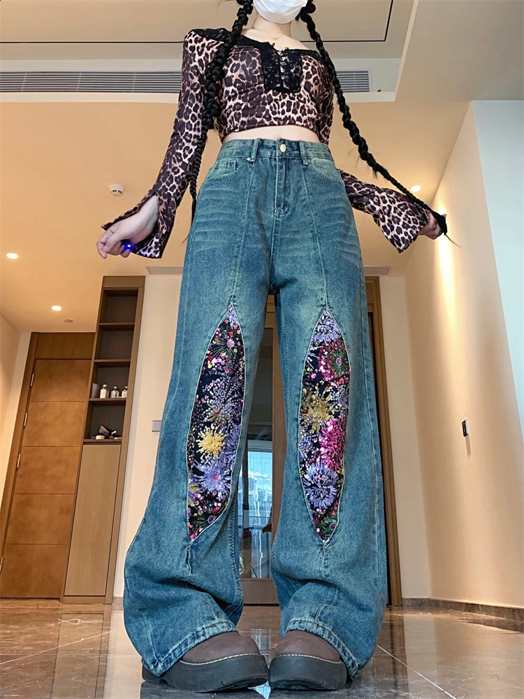 Womens Sequin Bead Casual Vibe Jeans Cool High Waisted Streetwear Fashion Ins Pants Female Vintage Denim Trouser 250818